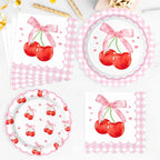 Sweet Cherry Party Disposable Tableware Pink Bow Gingham Plates Cups Napkins For Girl Happy Birthday Princess Baby Shower