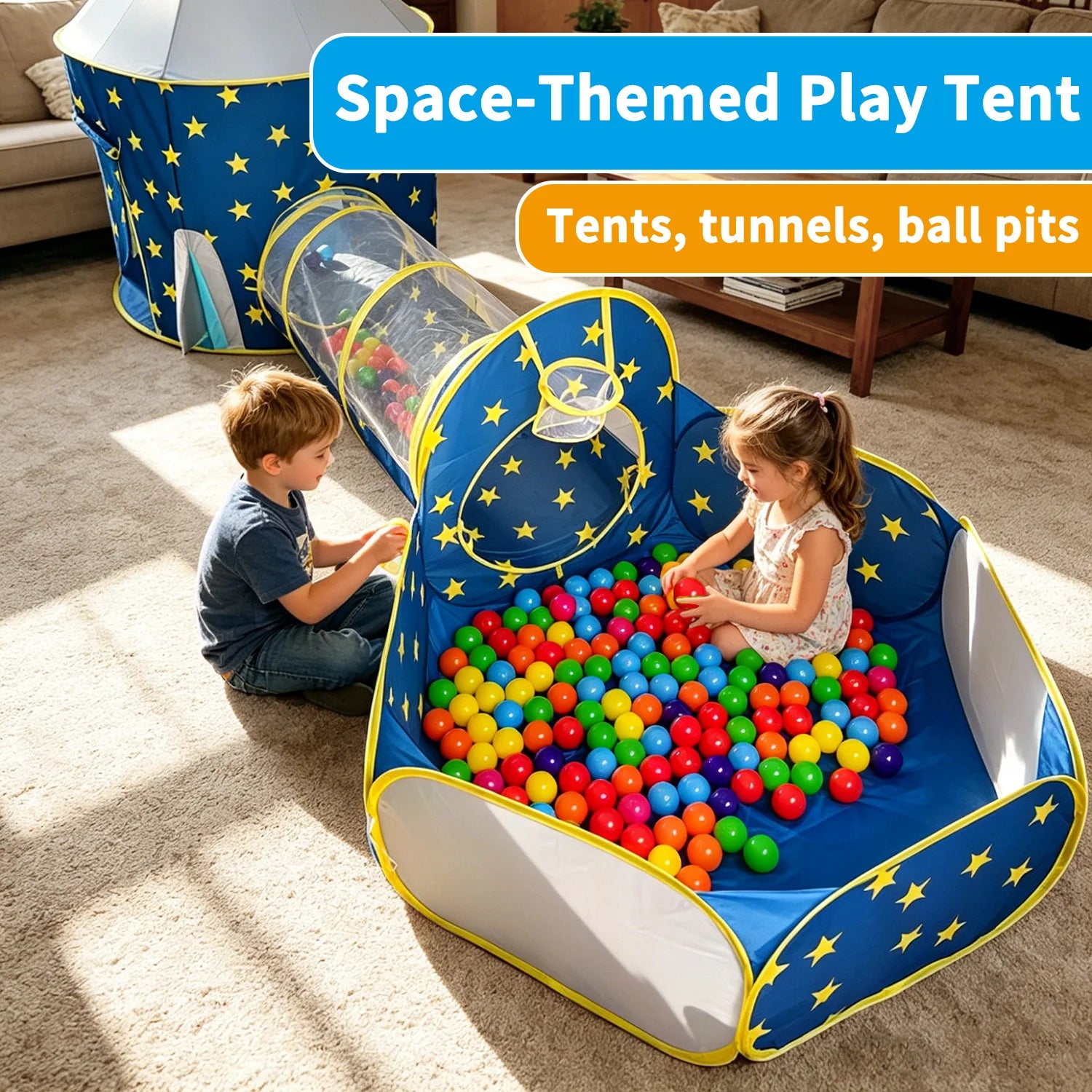 3 in 1 Space Pop Up Play Tent with Tunnel, Ball Pit ,Basketball Hoop for Kids, Boys, Girls, Child and Toddlers, Indoor/Outdoor