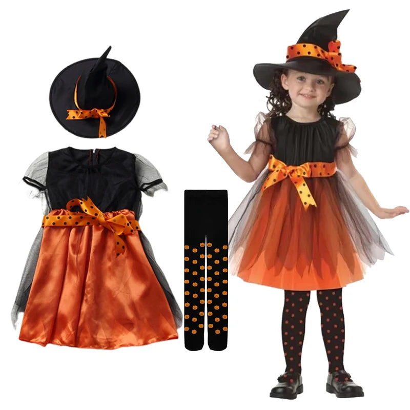 2026 Girls Halloween Cosplay Kids Children Pumpkin Costume Witch Dress Clothing Set With Hat Bag