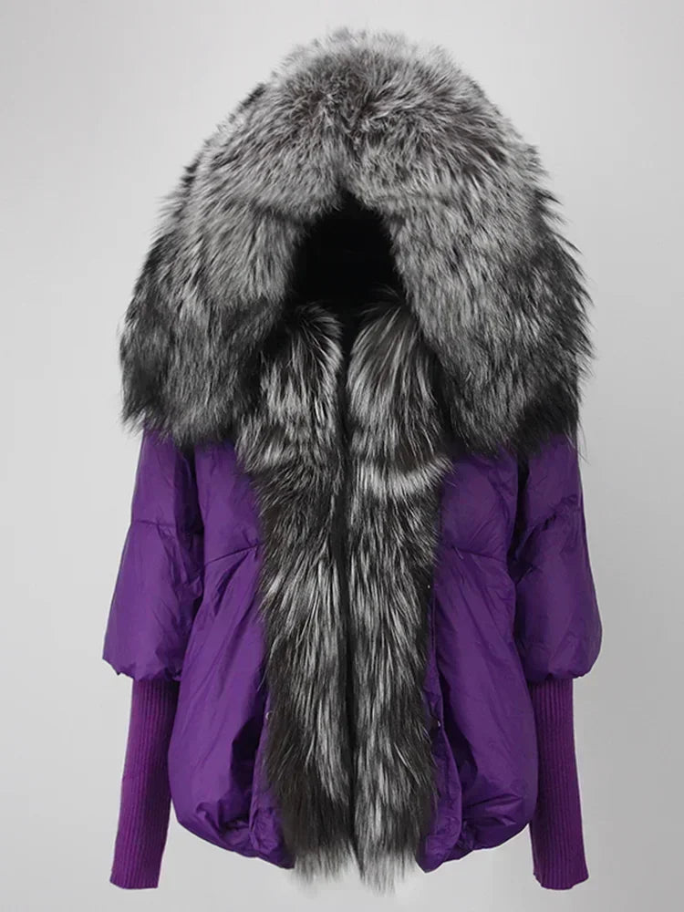 2024 Winter Puffer Jacket Women Real Fox Fur Collar Hooded Natural Thick Warm Loose Oversize Duck Down Coat Streetwear Outerwear