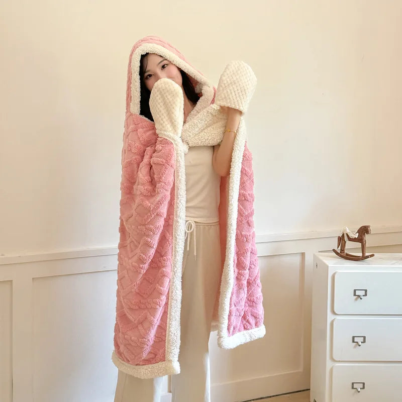 New Taffeta Fleece Hooded Blanket Warm Sherpa Lined Blankets with Giant Pocket Solid Color Skin-Friendly Office Nap Plush Cloak