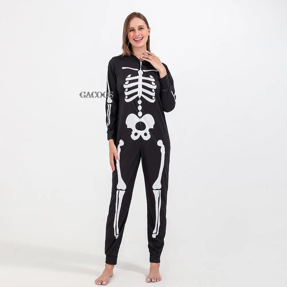 Halloween Scary Skeleton Costume for Adult Kids Family Horror Skull Jumpsuit Carnival Party Hooded Halloween Parent-Child Pajama