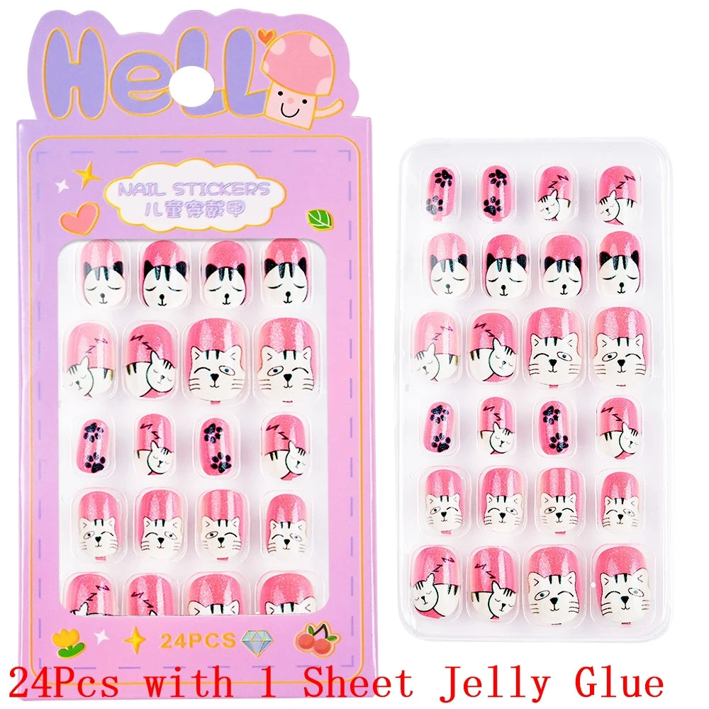 Children Press on Nails,24 Pcs Fake Nails Tips for Kids Acrylic Nails Pre-glue Full Cover Short False Nails Cute Fingernails