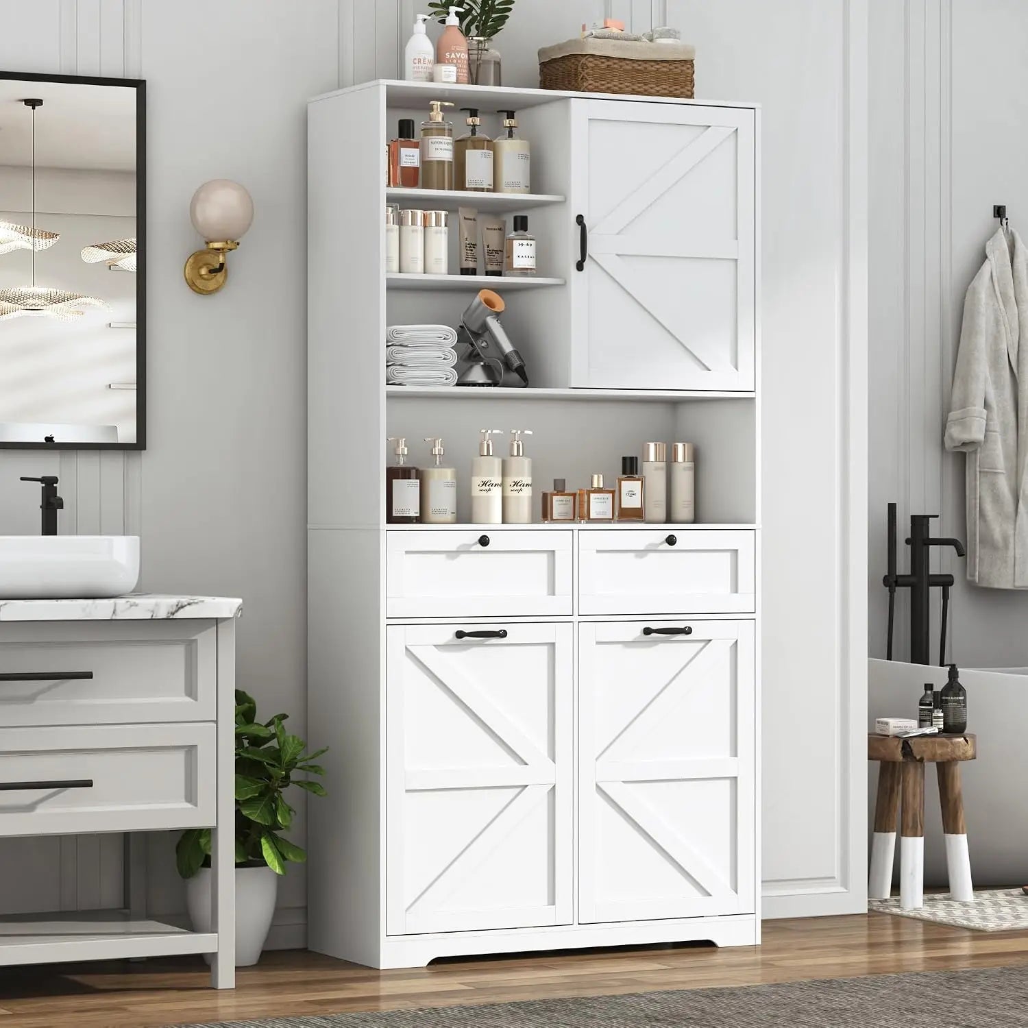 78" Tall Tilt-Out Double Doors Laundry Cabinet Hamper w Hidden Laundry Hamper,Large Pull Out Laundry Room Storage Cabinets,