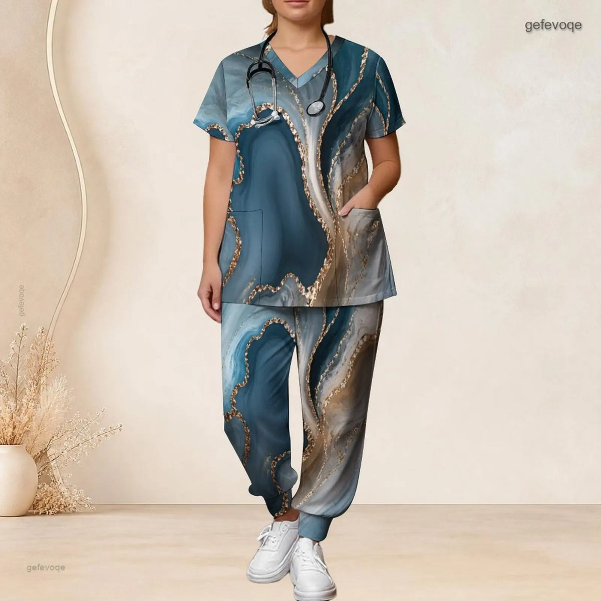 Printed Scrub Set for Women V Neck Short Sleeve Pocket Top Long Pants Two Piece