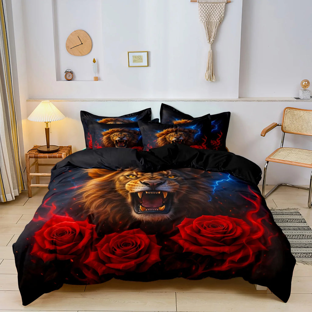 3pcs Set,Romantic Wolf & Rose Print Bedding Duvet Cover Set (1 Duvet Cover + 2 Pillowcases), HD Print For Home And Dorm Use