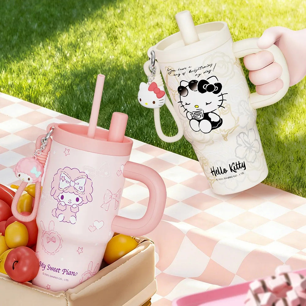 X&W Sanrio Thermos Cup Stainless Steel Straw Insulated Bottle with Handle Cartoon HelloKitty Coffee Mug Keep Hot/Cold Travel Cup