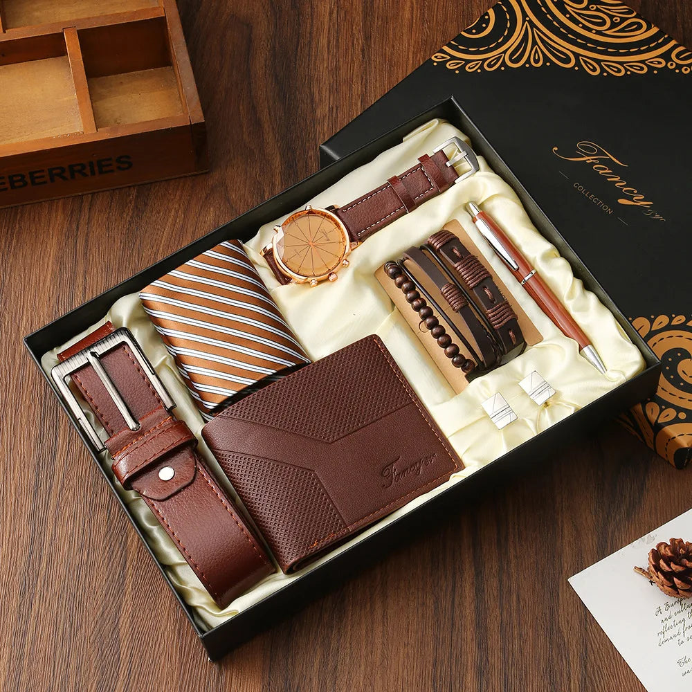 New Men Gift Set with Box Watch Bracelet Tie Cufflinks Ballpoint Pen Belt and Wallet Set for Men Boyfriend Son Dad Husband Gifts