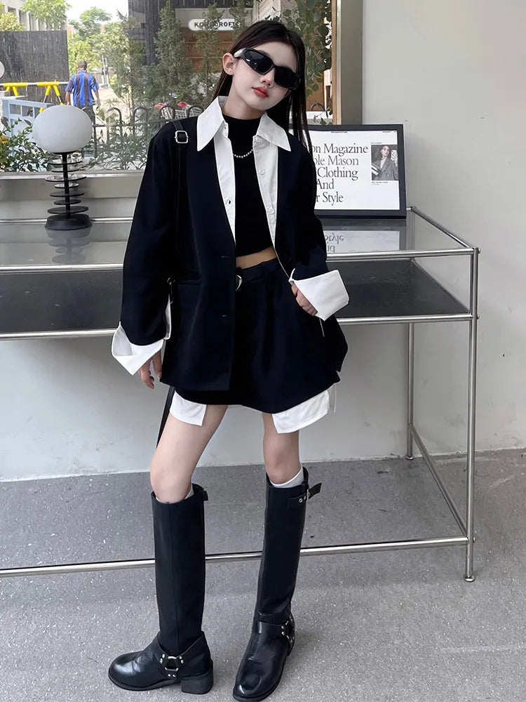 Girls' Preppy Style Suit Set Short Skirt And Jacket Outfit Two-Piece Ensemble for Kids Ages 5-14 Trendy And Stylish Performan...