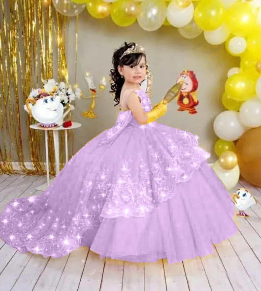 Gold Girls Princess Dress 2024 Tulle Tiered Flower Girl Dress Toddlers Beaded Lace Pageant Dress Customized Birthday Party Gowns