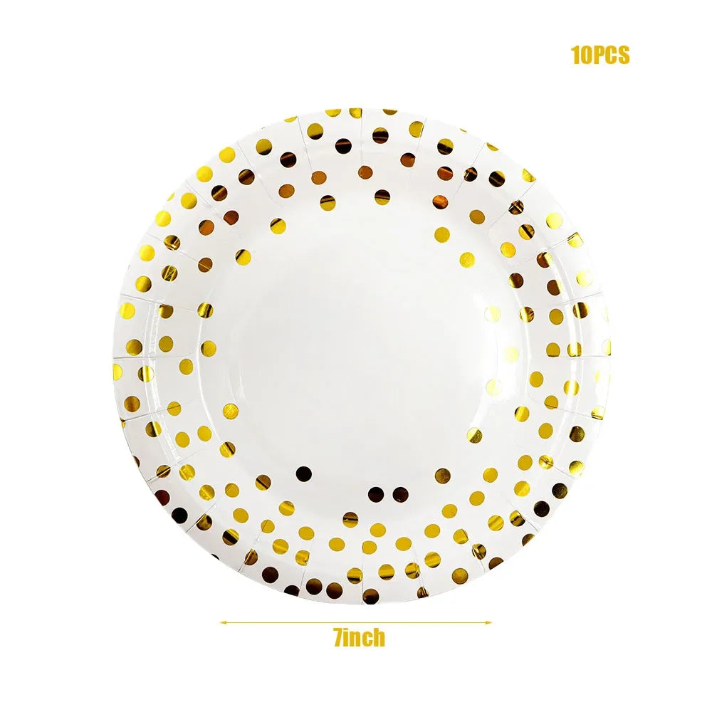 White Gold Dot Disposable Tableware Set Paper Plates Cups Napkins For Elegant Wedding Birthday EVJF Party Supplies Decor