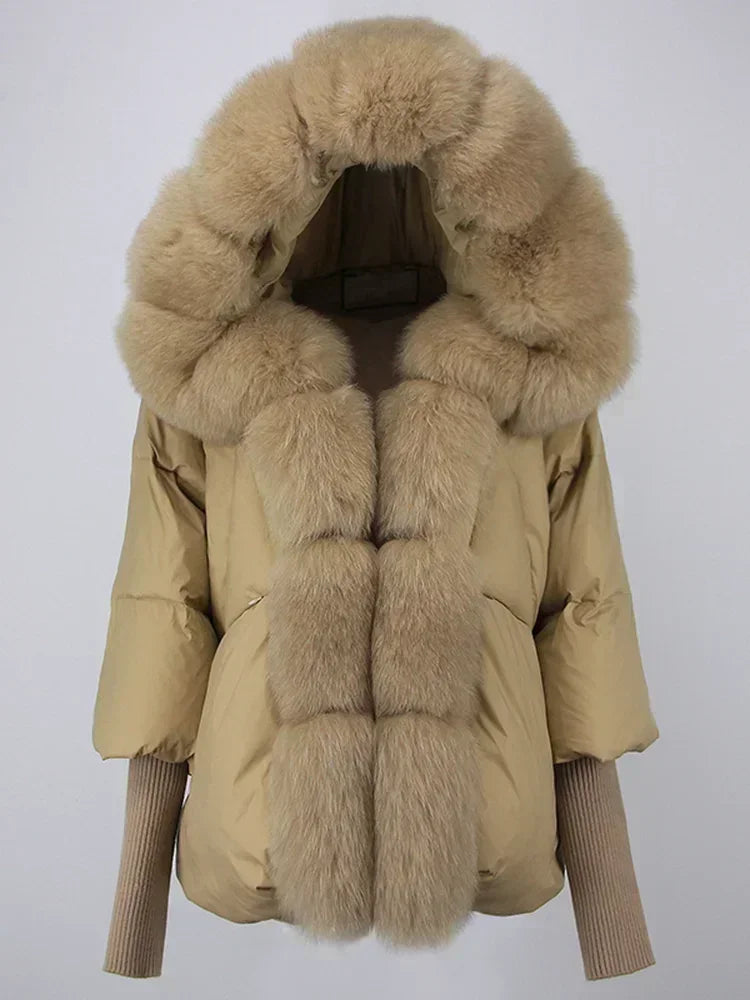 2024 Winter Puffer Jacket Women Real Fox Fur Collar Hooded Natural Thick Warm Loose Oversize Duck Down Coat Streetwear Outerwear