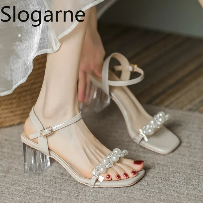 Summer Fahsion Sandals Women 2026 New Pearl High Heels Slippers Girls Crystal Heel Summer Shoes Trendy Slides Transparent Sandal