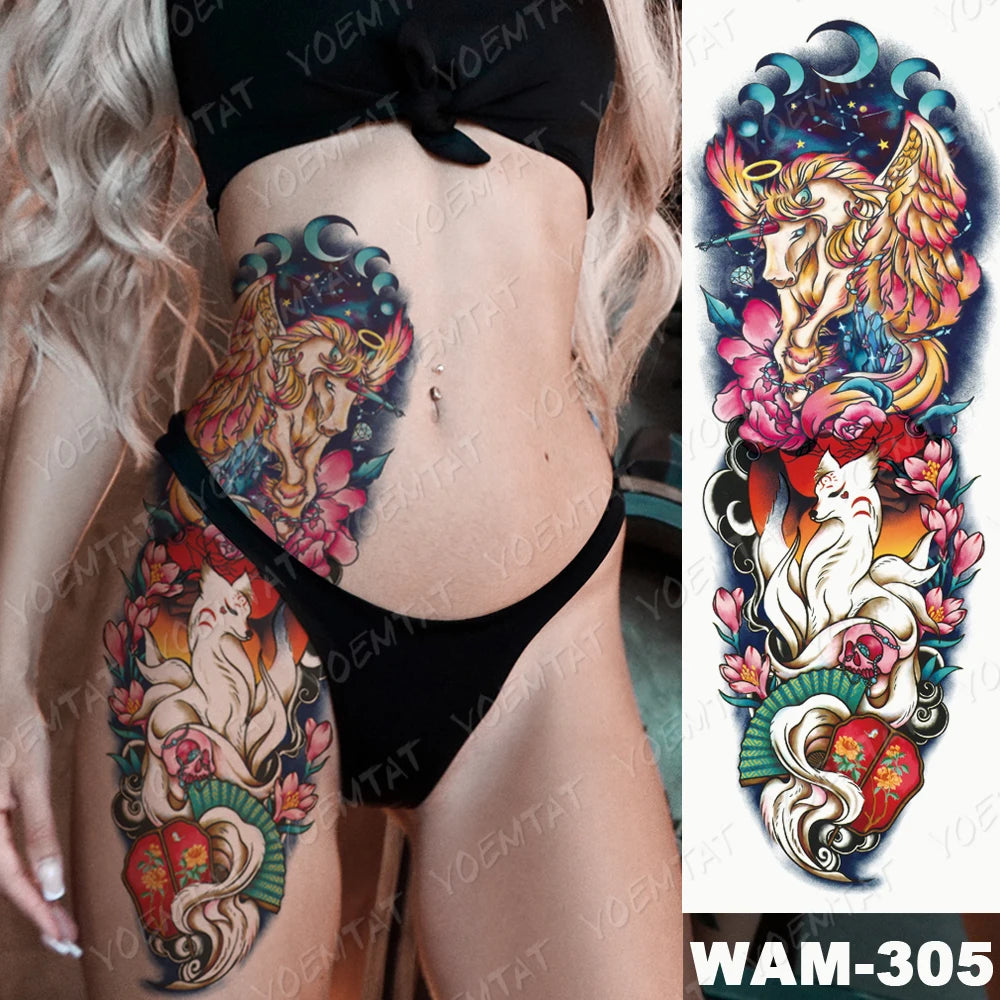 Large Arm Sleeve Tattoo Gun Rose Lion Waterproof Temporary Tattoo Sticker Clock Flower Waist Leg Body Art Full Fake Tatoo Women