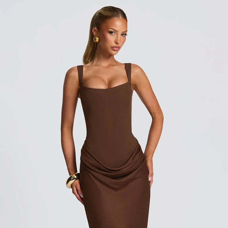 Elegant Y2K Low Cut Maxi Dress for Women Bodycon Ruched Sleeveless Backless Sexy Autumn Winter Party Club Dresses Outfit Gift