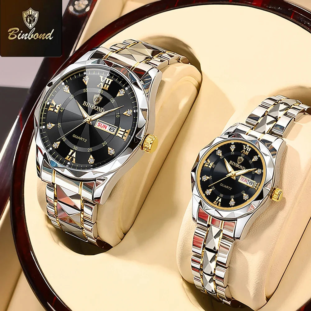 BINBOND 2pcs/Set Couple Watches Fashion Diamond Valentine Day Gift Stainless Steel Watch Men Women 30M Waterproof Quartz Watch