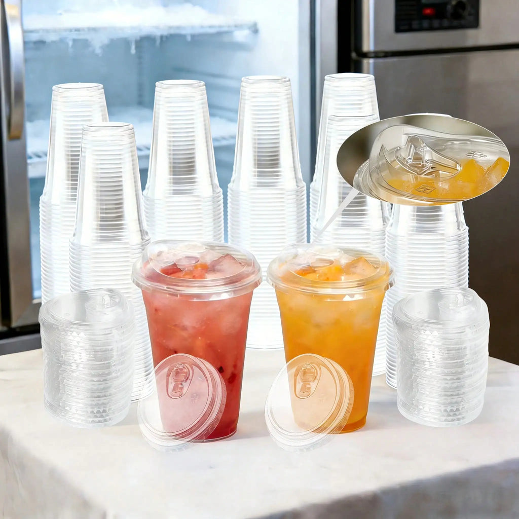 200Sets  (100 Cups+100 Lids)Of 12-Ounce/16-Ounce/20-Ounce/24-OunceTransparentPlasticCups,WithNon-SuctionDrinkingLids, DurableAndLeak-Proof, Suitable For Iced Coffee, Smoothies, Milkshakes. Ideal For Easter, Weddings, Outdoor