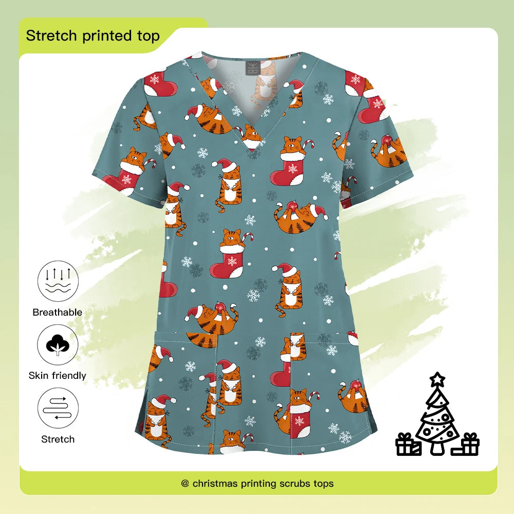 Christmas Print Scrubs Tops Women Short Sleeve V-neck Blouse Nurse Uniforms T-Shirt Medical Working Uniform Veterinary Workwear