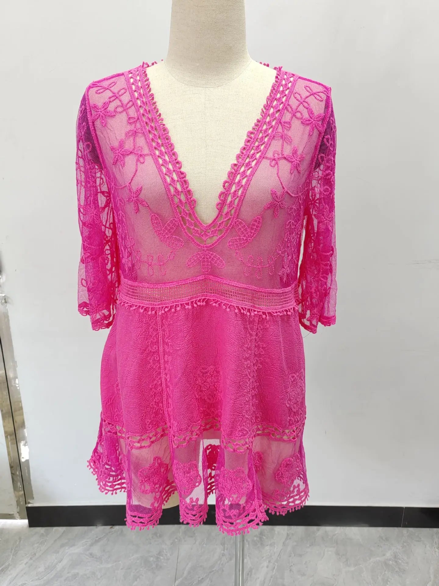 Women's Mesh Bikini Cover-up Deep V-neck Sexy Swimsuit Set Summer Loose Beach Short Sleeve Lace Hollow Out Dress