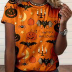 Unisex T‑shirt Happy Halloween Pumpkin Bat Spider Moon All Over Print Short Sleeve Crew Neck Summer Casual Tops Women Clothing