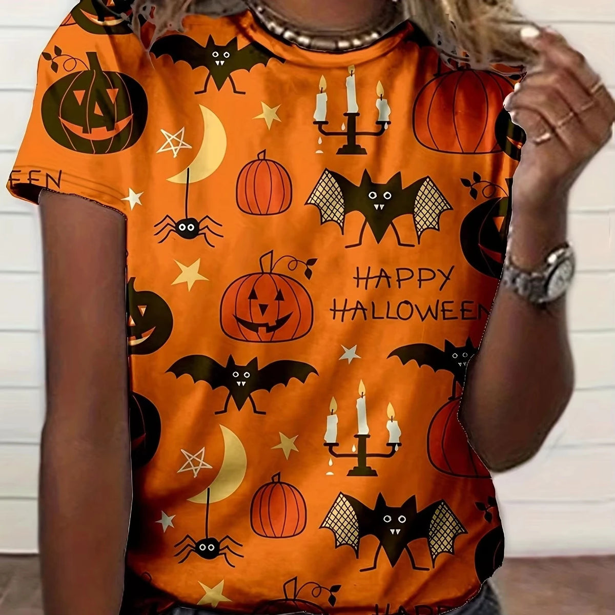 Unisex T‑shirt Happy Halloween Pumpkin Bat Spider Moon All Over Print Short Sleeve Crew Neck Summer Casual Tops Women Clothing