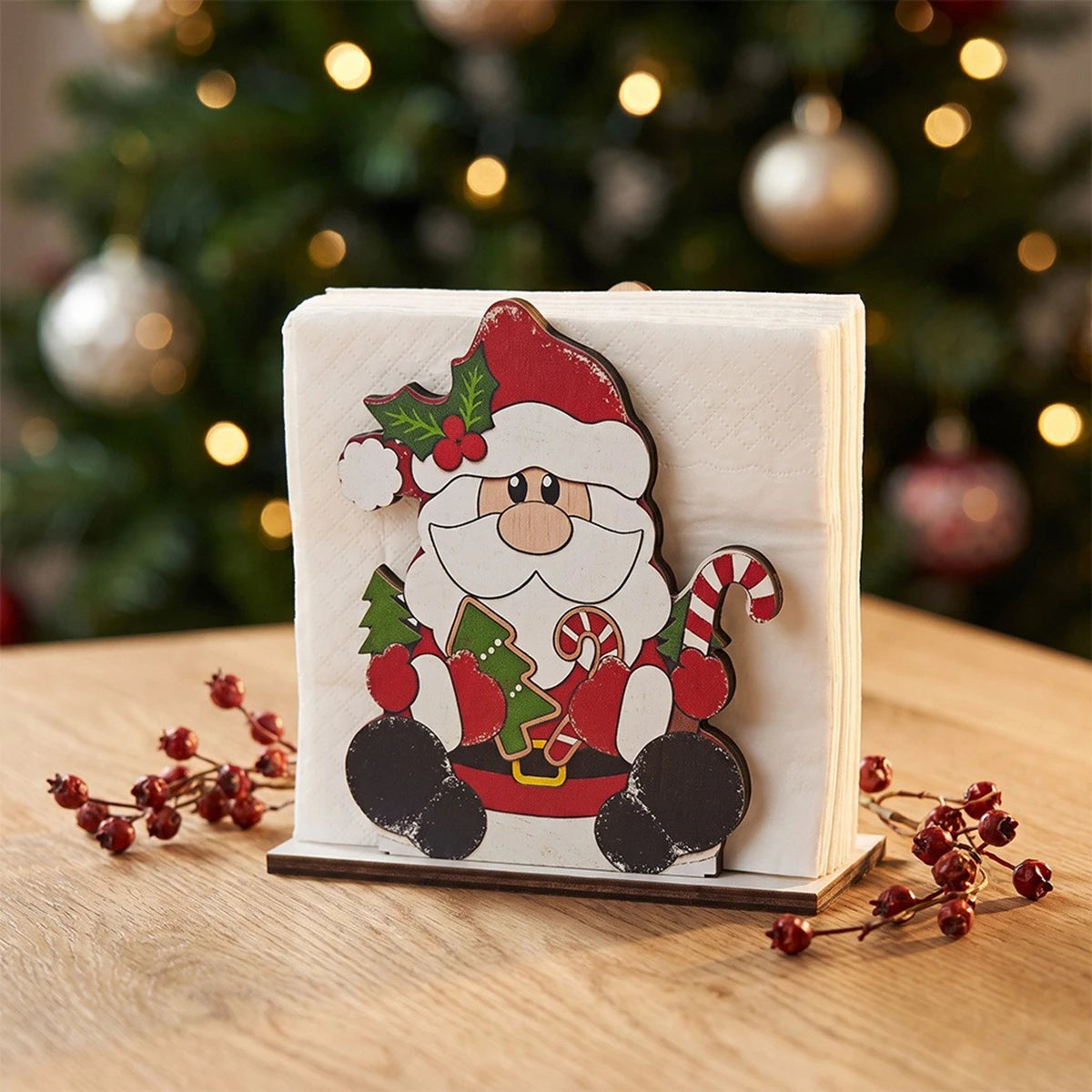 Santa Claus Wooden Napkin Holder Christmas Table Decor Desktop Tissue Storage Rack Xmas Party Dining Room Tabletop Decorations