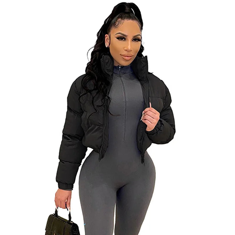 Cotton Padded Coat Women Patchwork Puffer Parka Outwear Solid Color Winter Warm Zipper Crop Top Jacket Chaqueta Mujer