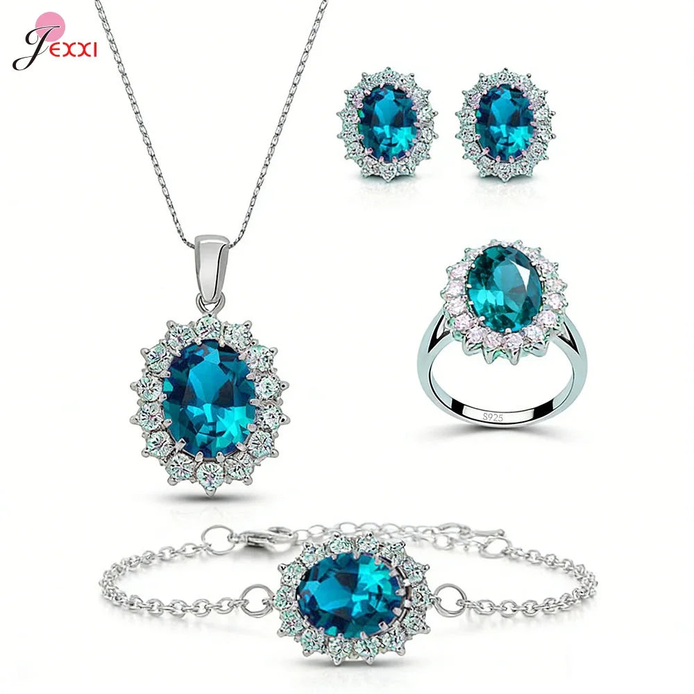 4Pcs Luxury Jewelry Set For Women Oval Cut Red Blue Purple Green Zircon Necklace Earrings Bracelet Ring 925 Silver Fashion Gift