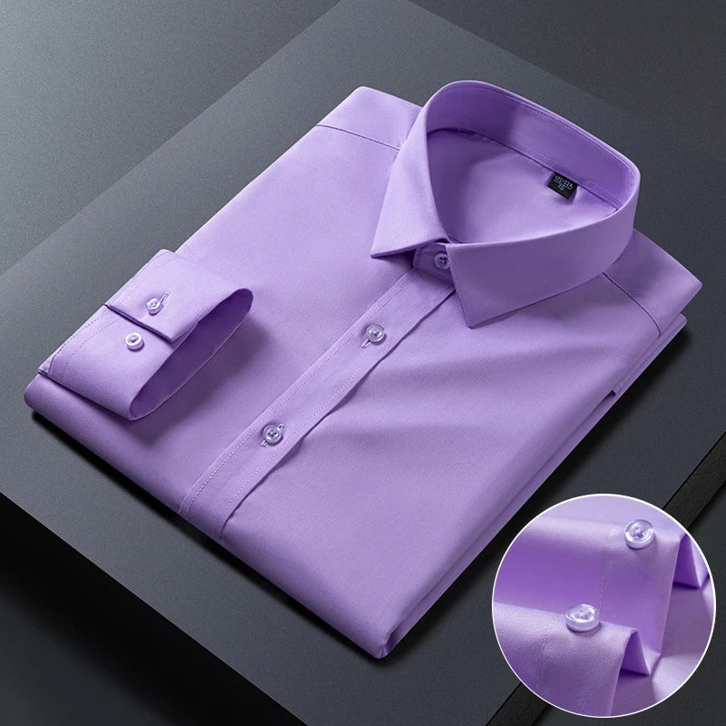 Spring Autumn Men Long Sleeve Shirts Business Casual Wrinkle Resistant Solid Color Formal Dress Slim Fit Work Social Shirt S-8XL