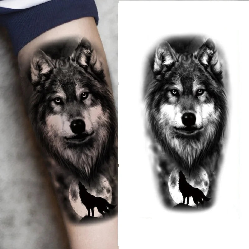 1pc Lion Men Waterproof Temporary Tattoos Fake Stickers Arm Hand Cool Art Black Transfer Clock Tattoo Stickers Wolf Tiger Tattoo