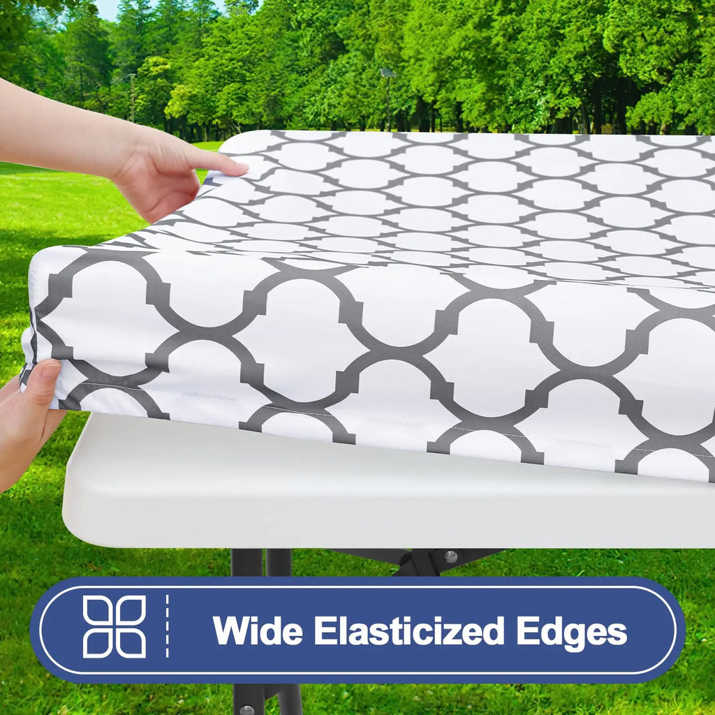 6 Foot Waterproof Elastic Fitted Tablecloths Rectangle Washable Polyester Table Cover Camping Outdoor