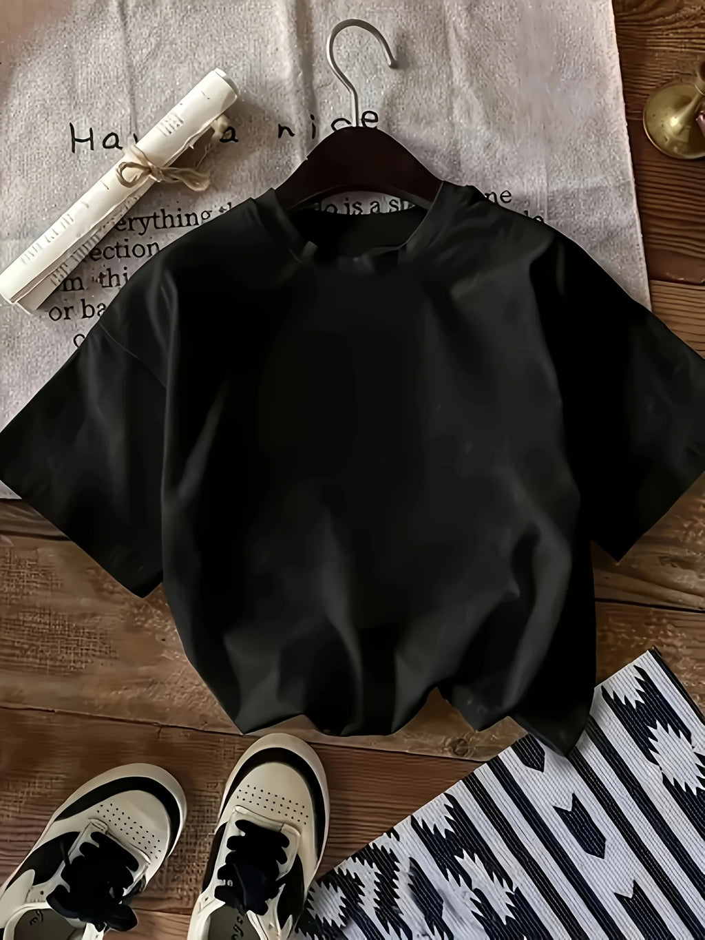 2026 New Style Men's Short-Sleeved Casual Printed T-Shirt with Black Texture Pattern and Loose Fit Clothing T-Shirtsual Cloth