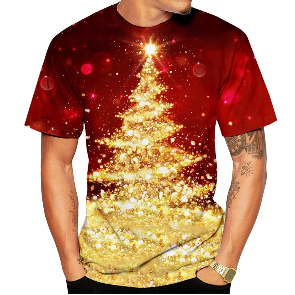 2026 Fashion Men's Merry Christmas T-Shirt Blue Xmas Tree Snowflake Graphic Crew Neck Short Sleeve Holiday Party Casual Tee Tops