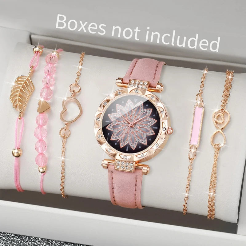 6PCS/Set Fashion Heart Dial Women's Watch Casual Leather Band Analog Quartz Watch Leaf Bracelets Set（Without Box）