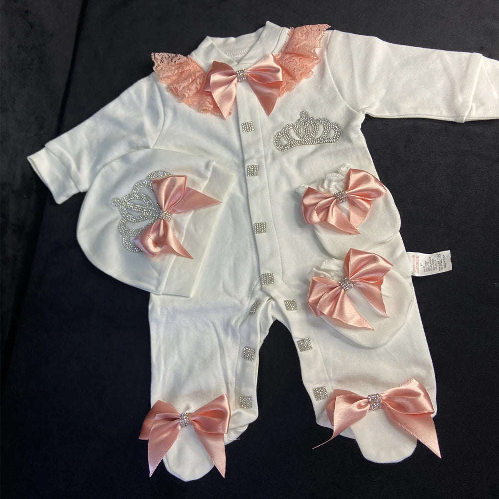 Baby Girl Coming Home Outfits Set Personalized Name Jewelry Crown Clothing Vintage Croche Infant Care Products Body Suit Pajamas