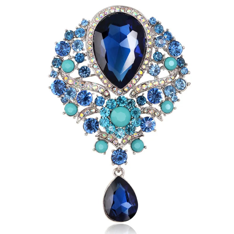 Silver Tone Teardrop Sapphire Dangle Brooch, Gradient Multi Shade Blue Rhinestone Paved Wing Frame, Drop Pendant Design Statement Lapel Pin, Women's Wedding Evening Dress Jewelry, Ideal Gift for Formal Occasions