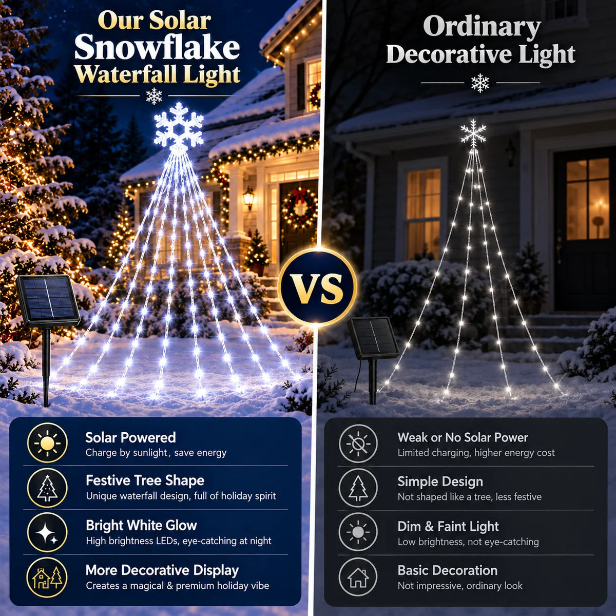 Christmas Snowflake Waterfall Lights Solar Powered 200/290LED 8 Modes Curtain Garland for Tree Window Garden Patio Holiday Decor