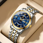 4pcs Men's Blue Gold Two-tone Stainless Steel Classic Diamond Accents Date Day Sunglasses Perfume Quartz Watch Gift Box Set