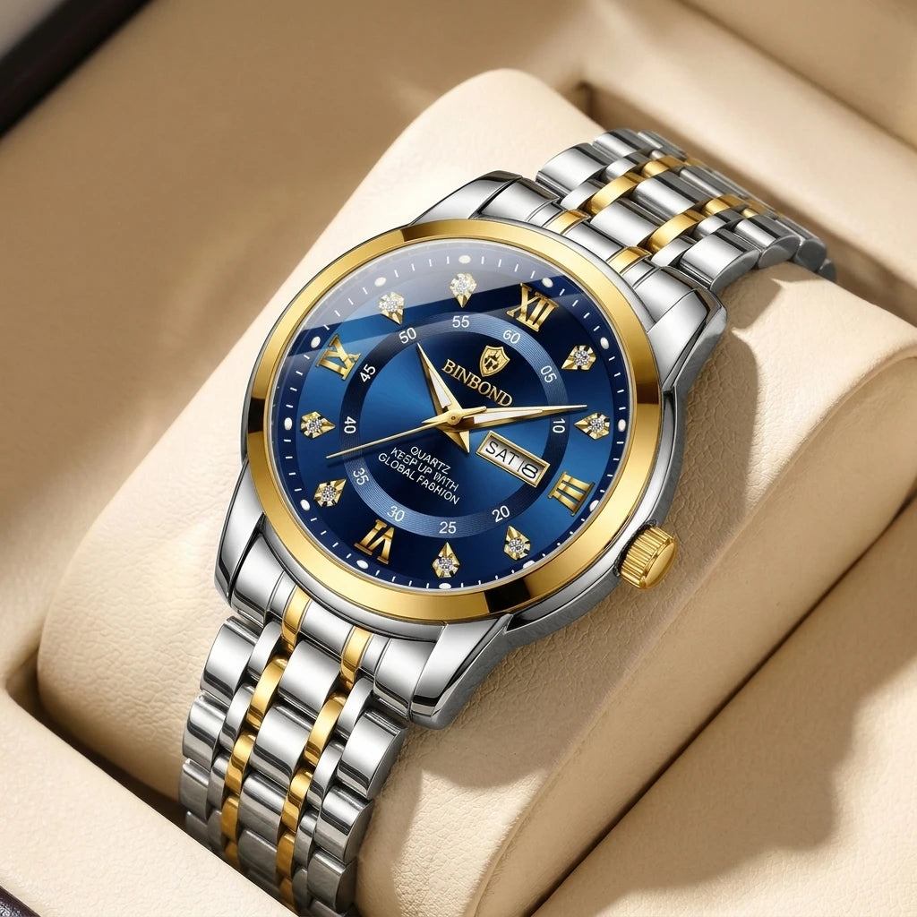 4pcs Men's Blue Gold Two-tone Stainless Steel Classic Diamond Accents Date Day Sunglasses Perfume Quartz Watch Gift Box Set