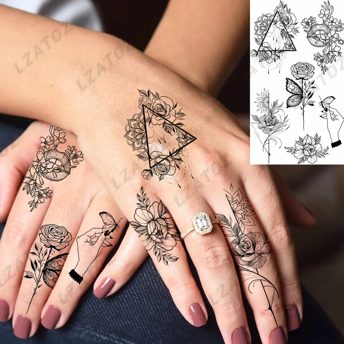 Realistic Eye Flower Temporary Tattoos For Woman Adults Rose Butterfly Tiny Fake Tattoo Sticker 3D Finger Waterproof Tatoos
