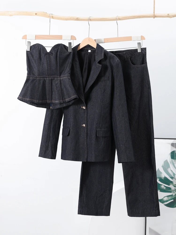 Denim Blazer Coat Tube Top Pants Sets 3 Pieces Women 2025 Spring Notched Button Up Suits Jacket Vest Wide Leg Trousers Suits