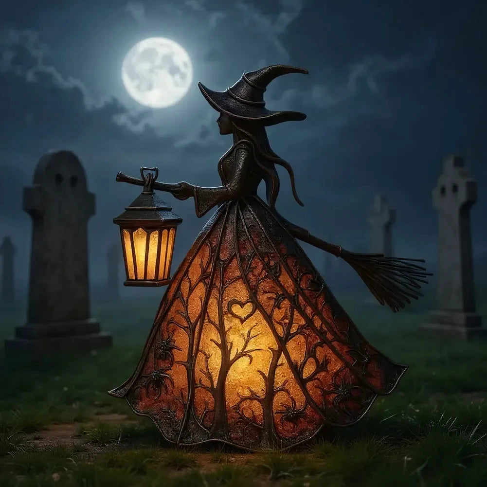 Halloween Witch Lantern LED Night Light Resin Statue Gothic Home Decor with Broom for Spooky Party