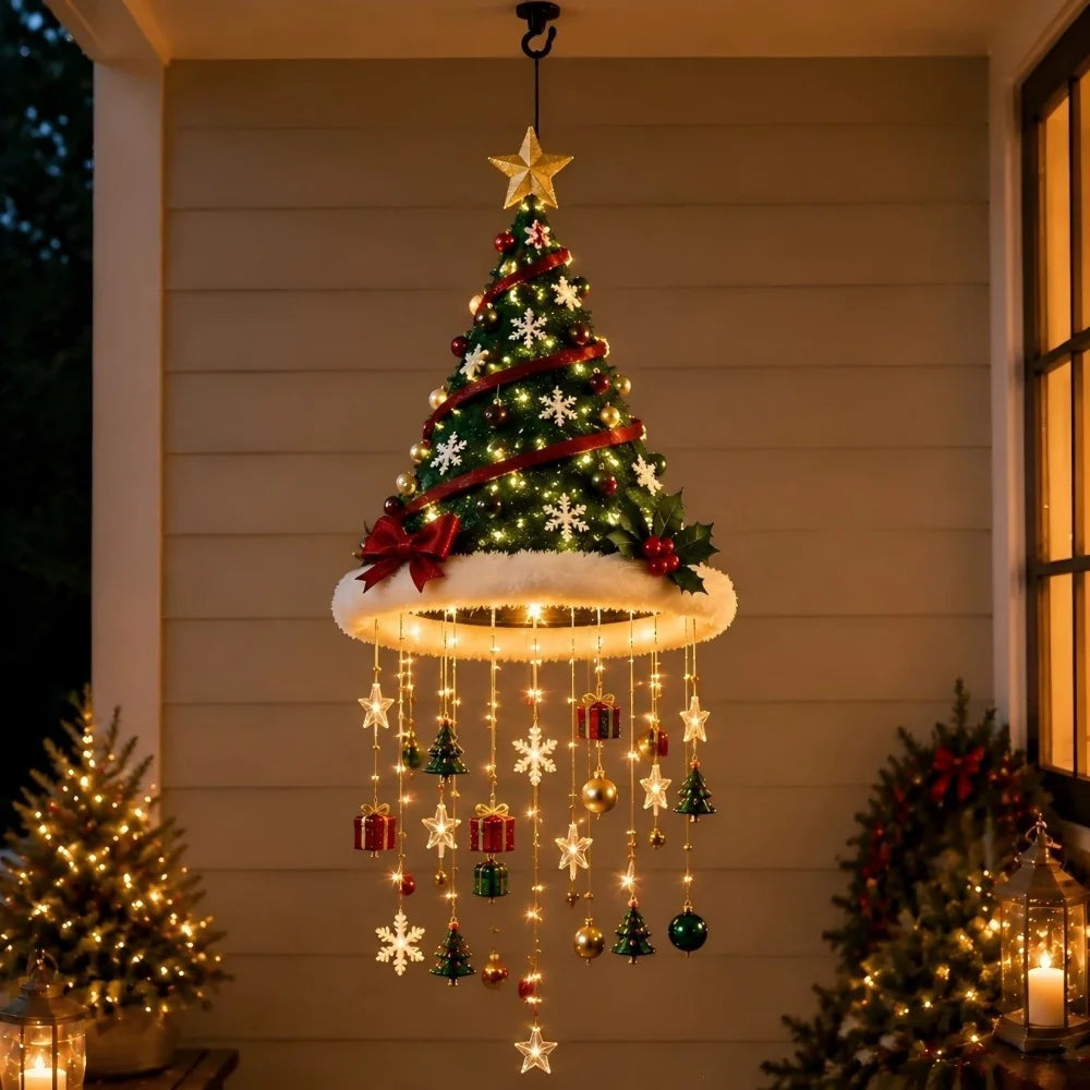Christmas Lighted Santa Hat with Snowflakes Christmas Tree Pendant Hanging Lantern Xmas Decoration for Home New Year Party Gifts