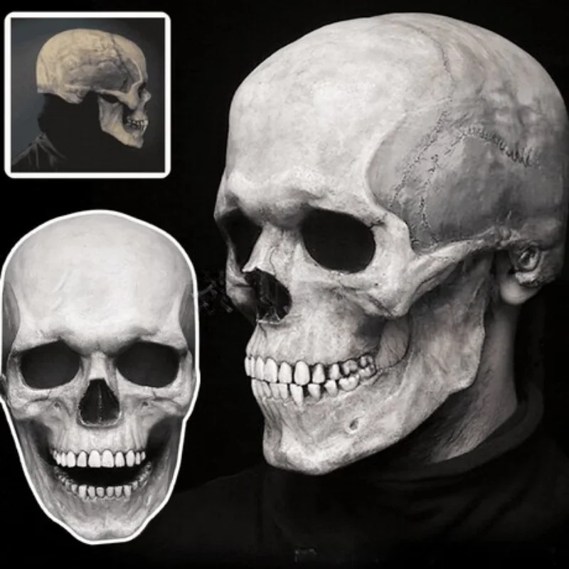 Full Head Latex Skull Mask Realistic Horror Halloween Cosplay Mask for Adults Scary Party Costume Skeleton Headgear Prop