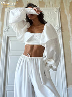 Clacive Sexy Slim White Women's Top 2025 Fashion Square Collar Long Sleeve Crop Top Elegant Classic Solid Tops Female Clothing