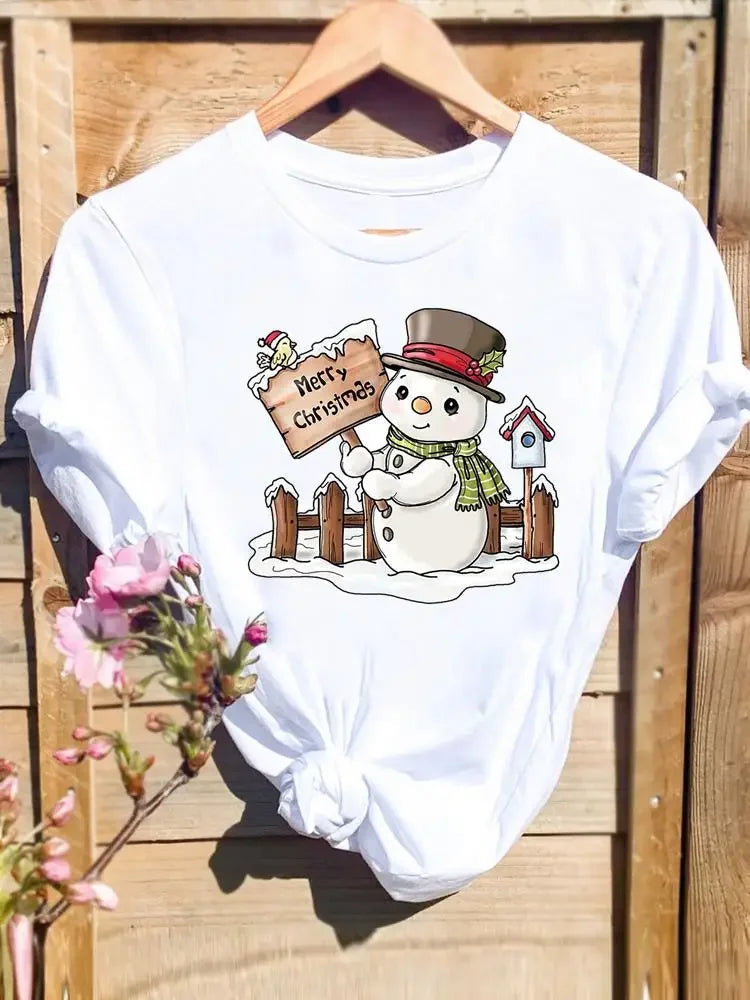 Merry Christmas New Year Holiday Graphic T Tee Fashion Cat Tree Lovely 90s Cute Harajuku Kawaii T-shirt Women's Y2K Clothing