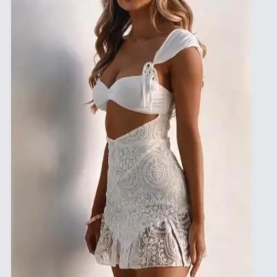 Womens Y2K Lace Mini Dress Sexy Sleeveless Spaghetti Strap Cross Tie-up Front Ruffle Hem Bodycon Dress Streetwear