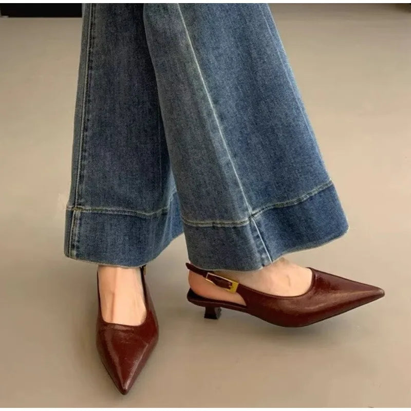 Summer Pointed Toe Women Sandals Fashion Singbacks Mules ShoesLadies Elegant Low Heel Stripper Party Sandalias Tacones Bajos