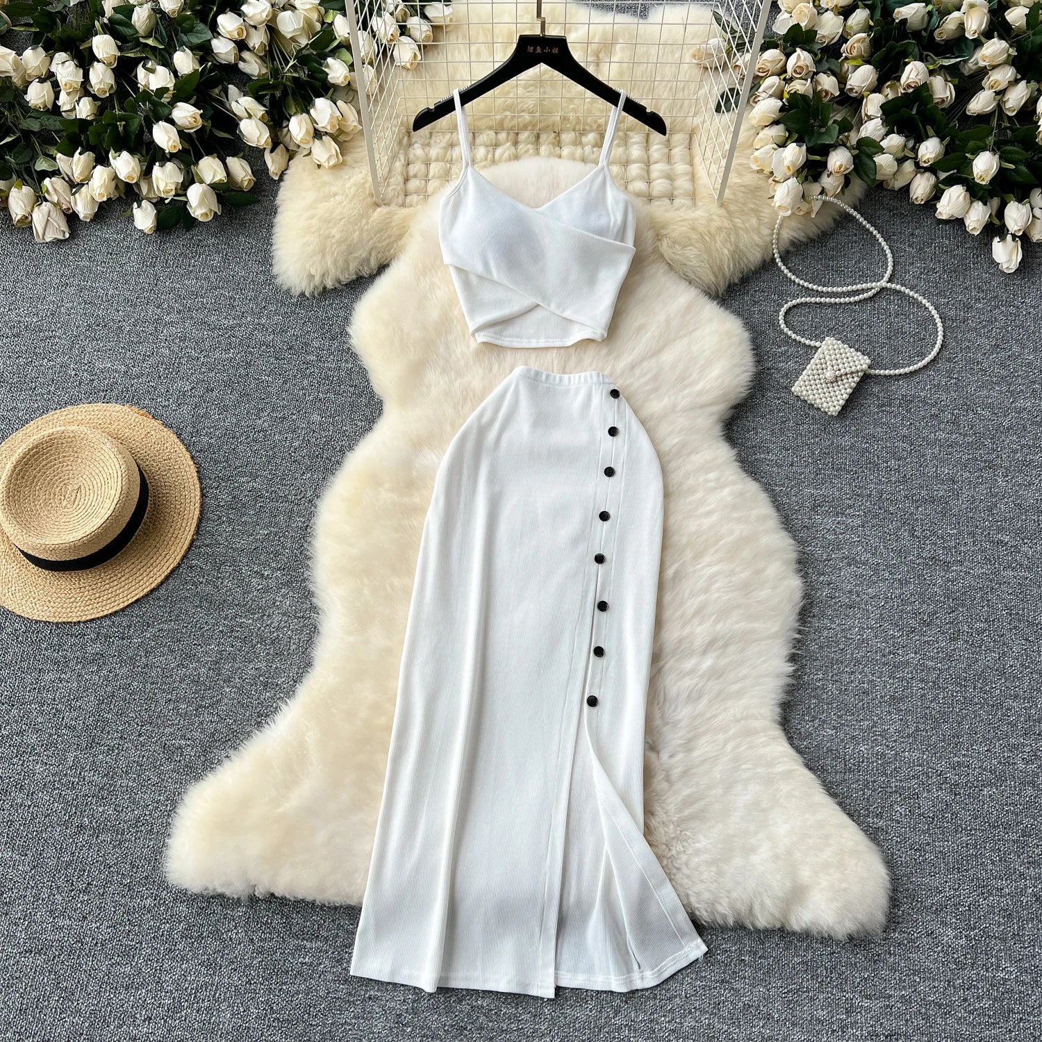 Foamlina Summer Sexy 2 Pieces Set for Women Solid V Neck Sleeveless Crop Camis Top and High Elastic Waist Split Long Skirt Suits