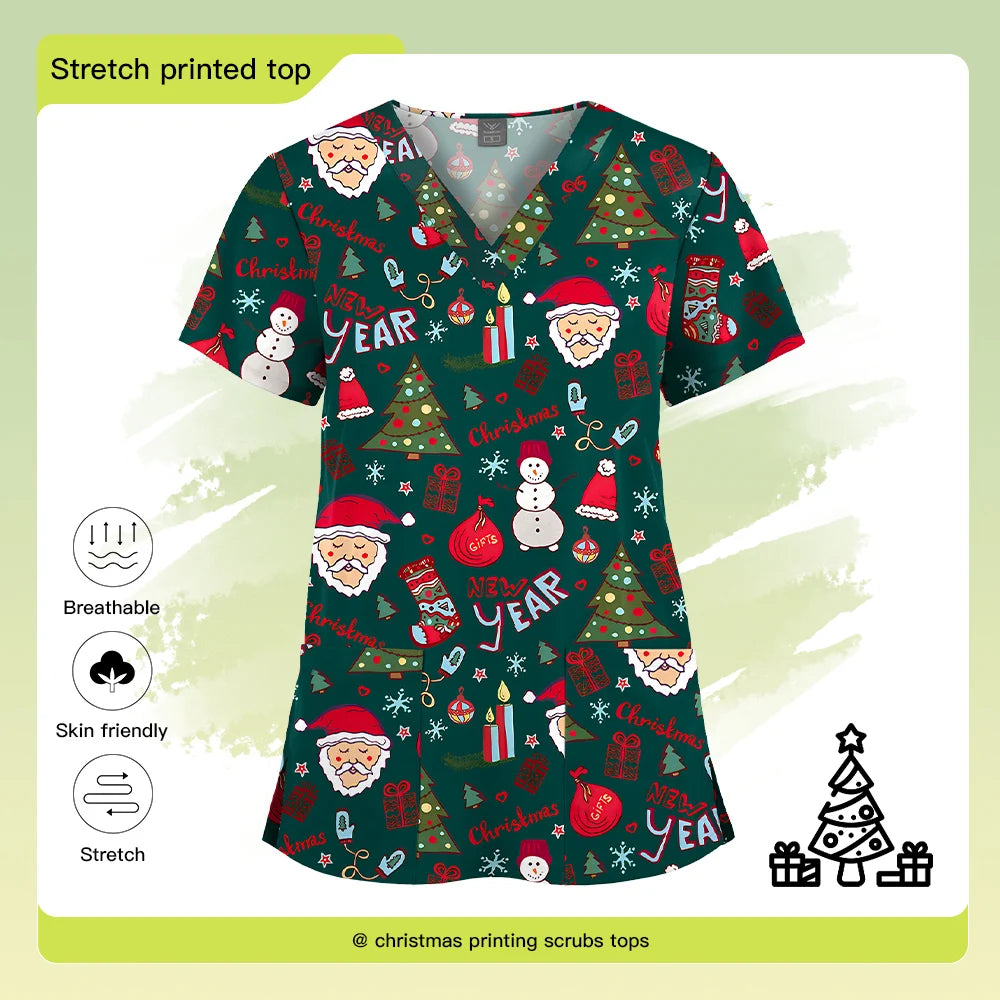 Christmas Print Scrubs Tops Women Short Sleeve V-neck Blouse Nurse Uniforms T-Shirt Medical Working Uniform Veterinary Workwear